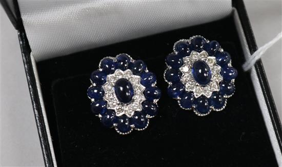 A pair of Walsh Bros. 18ct white gold, diamond and cabochon sapphire oval earclips, 20mm.